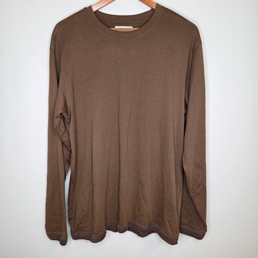 Public Supply NYC Mens Brown Cotton Long‎ Sleeve Shirt Crochet Trim Size L